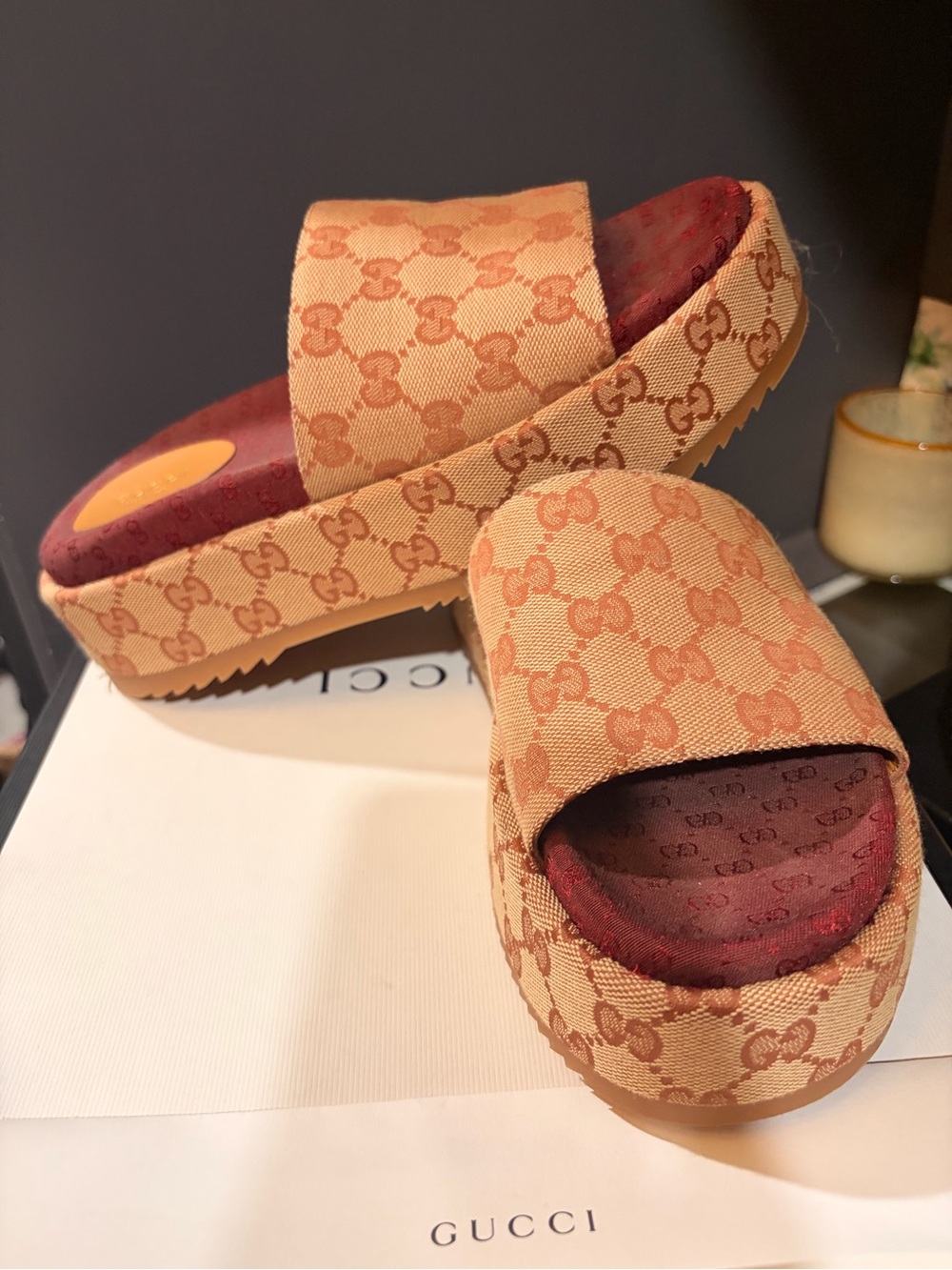 Gucci Beige GG Monogram Platform Slide Mules with Burgundy Footbed